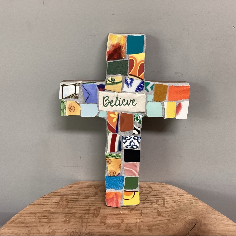 🟡 Beautiful Handmade Cross - Colorful Mosaic Tile Chips - Wood & Cement Crafted
